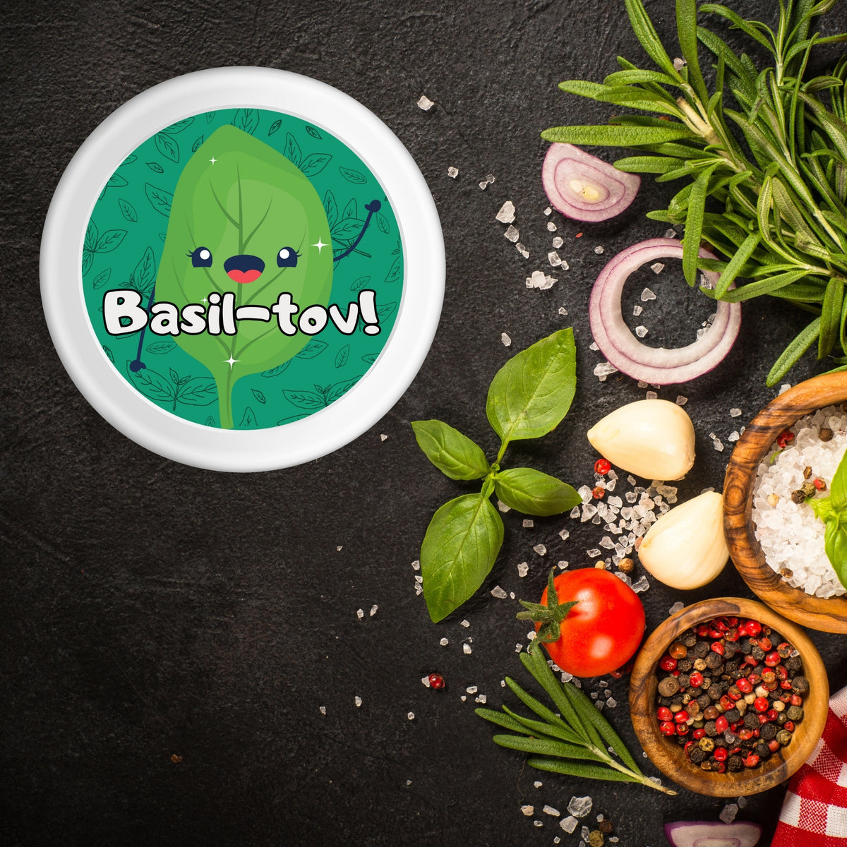 Basil-Tov! cute herb sticker showcases a vibrant design ideal for adding charm to spice jars, cards, and party favors, enhancing any celebration.