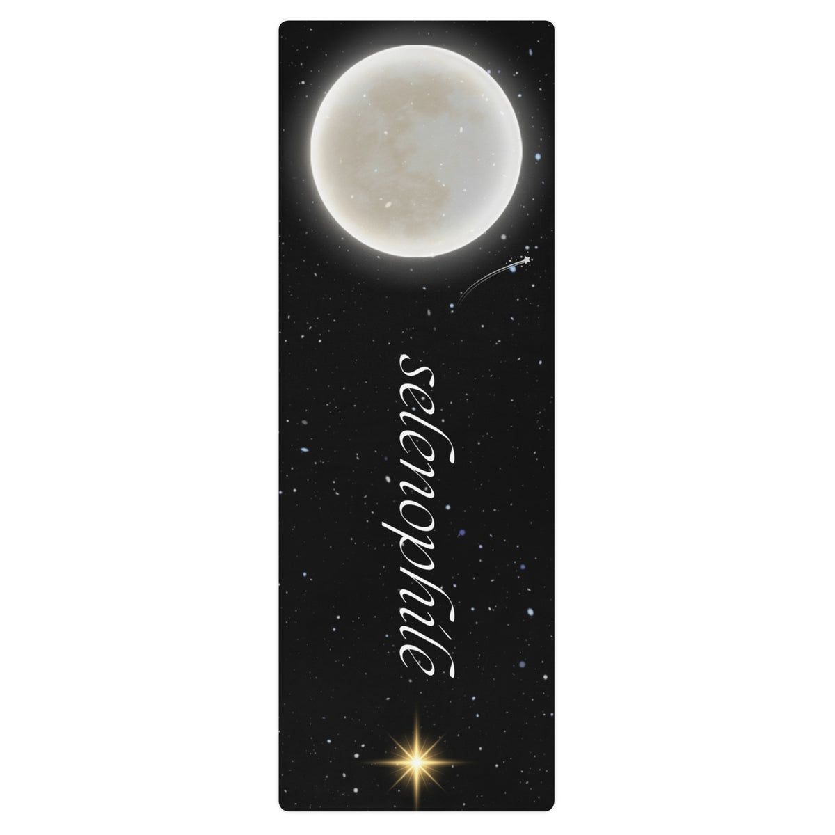 Selenophile yoga mat featuring a full moon against a starry night sky with elegant lettering and celestial accents.