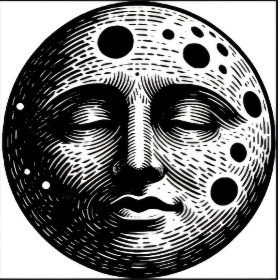 Flat lay of the Celestial Moon Face Vinyl Sticker 2x2 with a matte finish, showcasing the unique die-cut shape and enchanting details of this celestial moon sticker.
