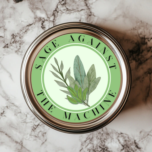 Sage Against The Machine 3" Vinyl Sticker featuring a vibrant sage leaf design, eco-friendly, waterproof, and dishwasher-safe, perfect for personalizing surfaces and showcasing creativity.
