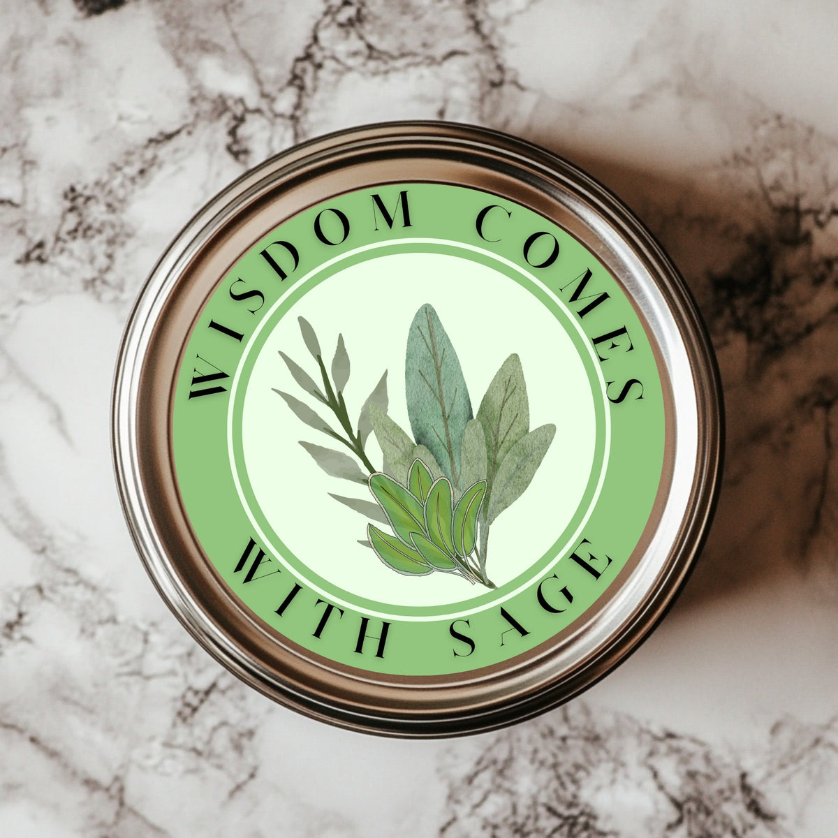 Wisdom Comes With Sage Sticker showcasing a vibrant botanical sage leaf design, perfect for decorating kitchens and gifts, crafted from 2.25" waterproof vinyl.
