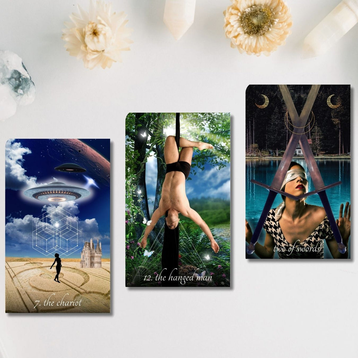 Tarot cards with flowers and gemstones