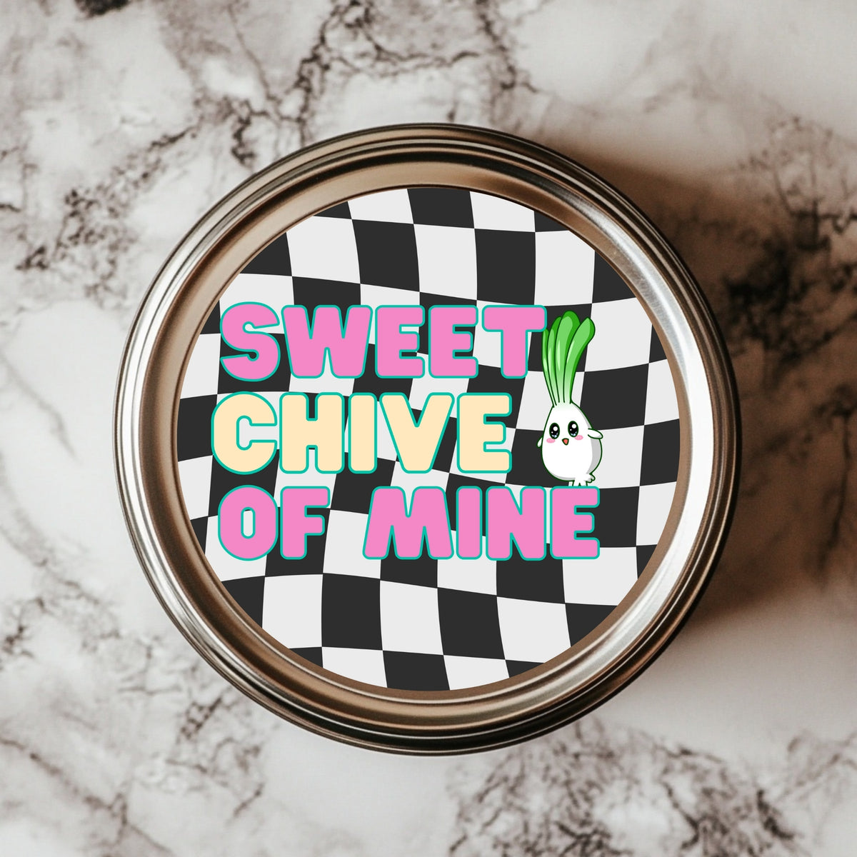 Sweet Chive Of Mine Sticker featuring a playful chive character on a retro checkered background, perfect for herb kitchen decor, waterproof and dishwasher-safe, 3x3 inch vinyl sticker.