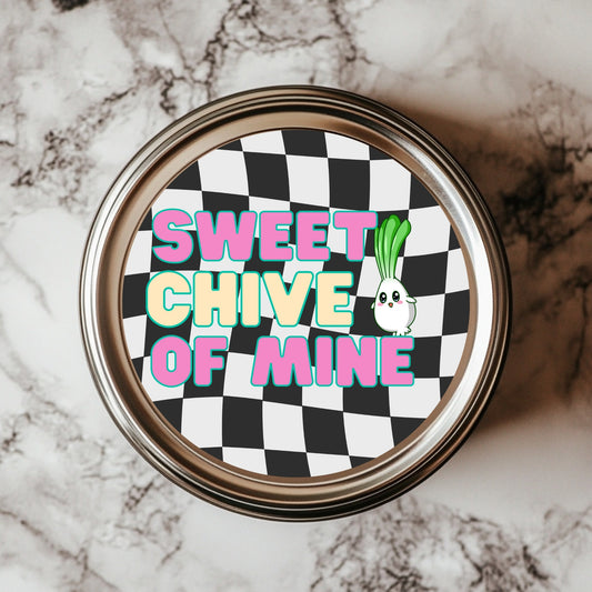 Sweet Chive Of Mine Sticker featuring a playful chive character on a retro checkered background, perfect for herb kitchen decor, waterproof and dishwasher-safe, 3x3 inch vinyl sticker.
