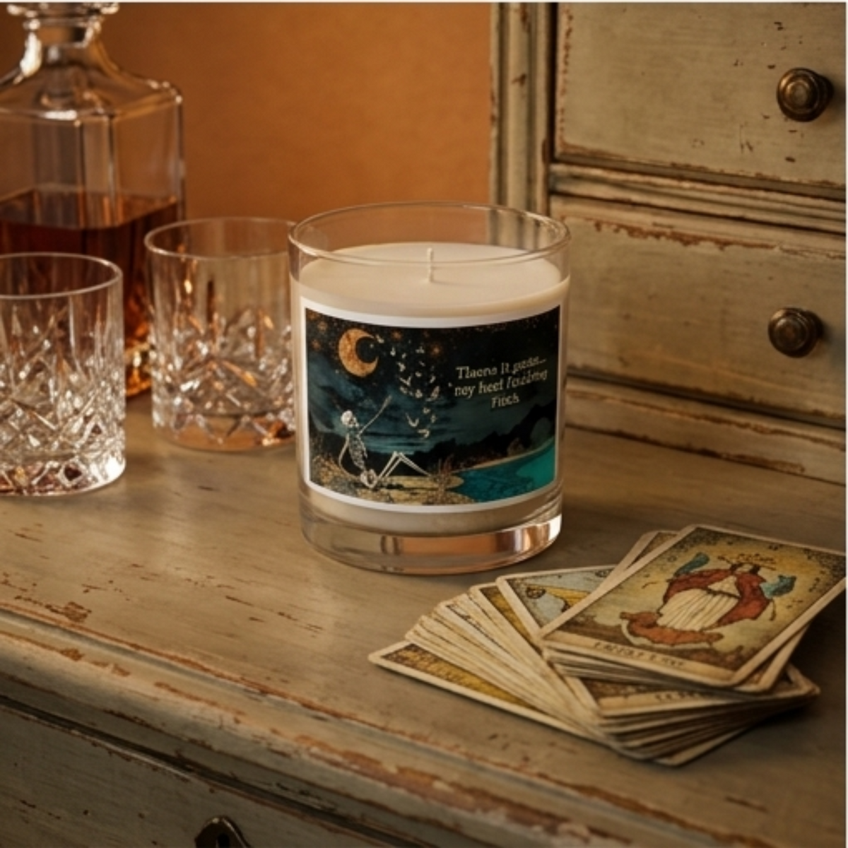 My Last Flying Fuck Glass jar soy wax candle displayed on a table, showcasing its modern design and unscented essence.
