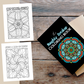 The image shows a coloring book and some printed coloring pages with mandalas and swear words designed for healing after a breakup.