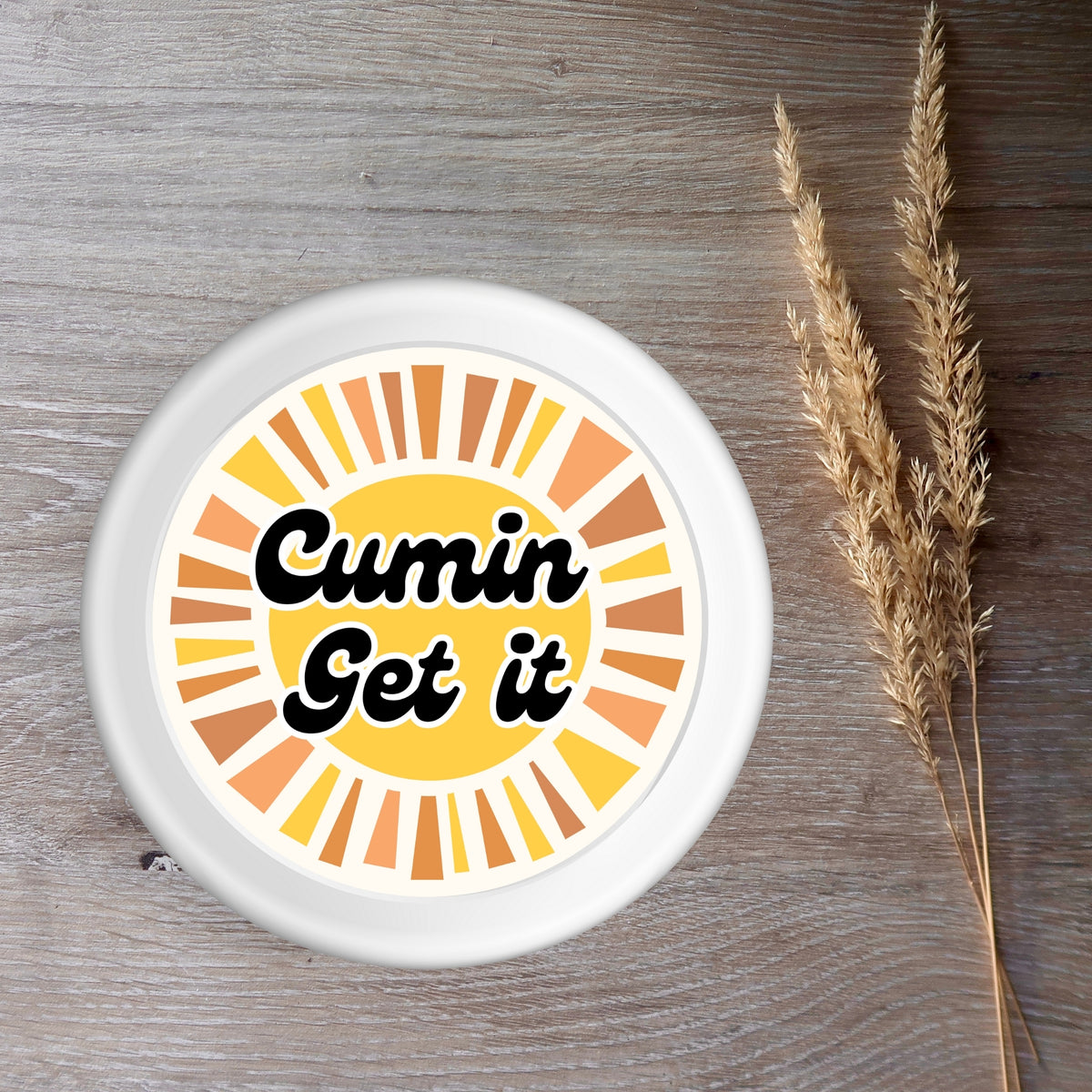 Durable Cumin Get It Sticker showcasing humor and culinary creativity, the perfect addition to any food lover's collection of stickers.