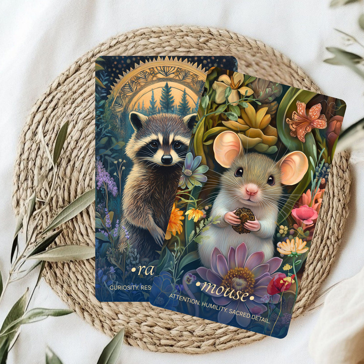 Close-up of the Wild Urban Animal Oracle Deck with beautifully designed oracle cards.