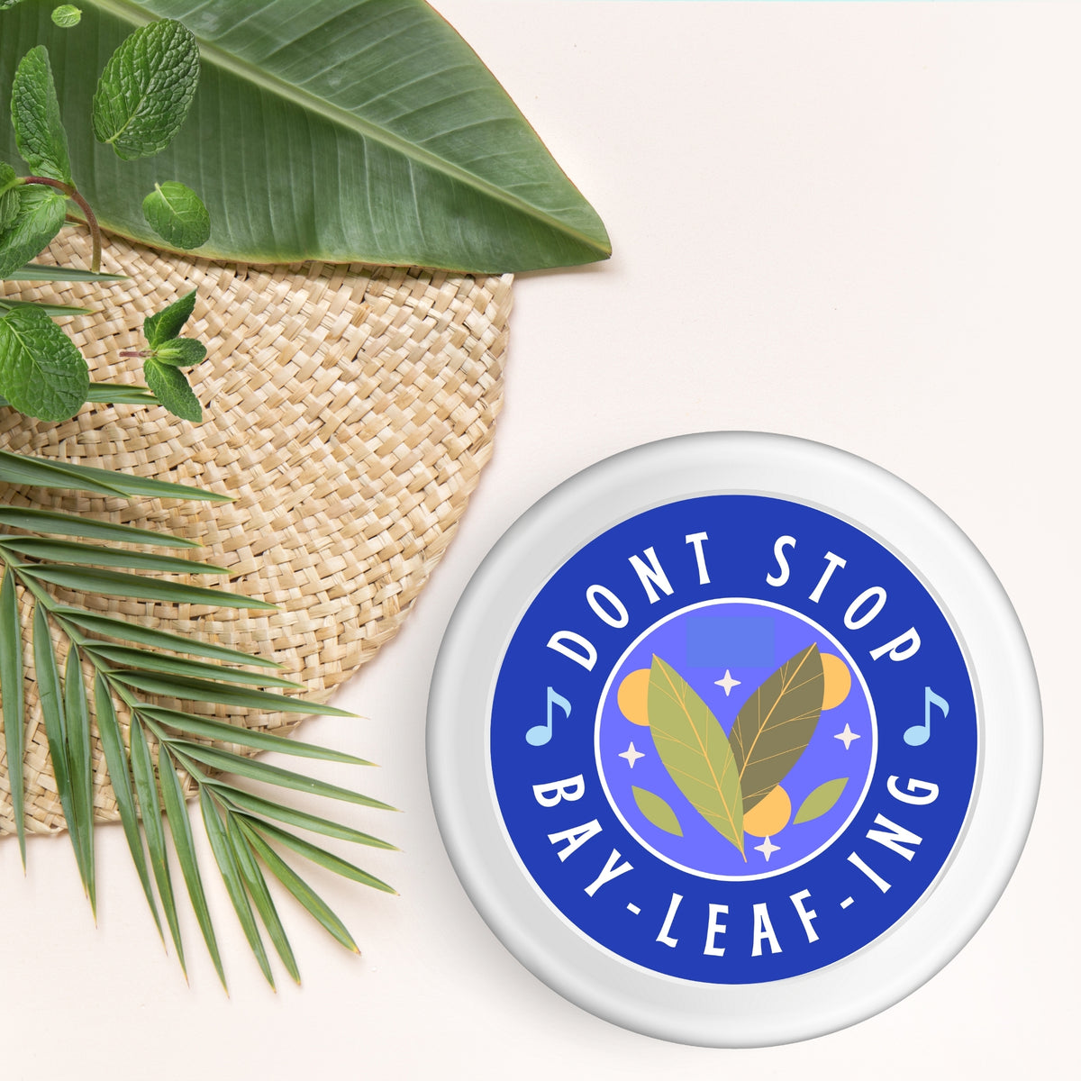 Close-up of the Don’t Stop Bay-Leaf-ing Sticker featuring a vibrant vinyl, waterproof design that brings a touch of punny kitchen decor to any surface.