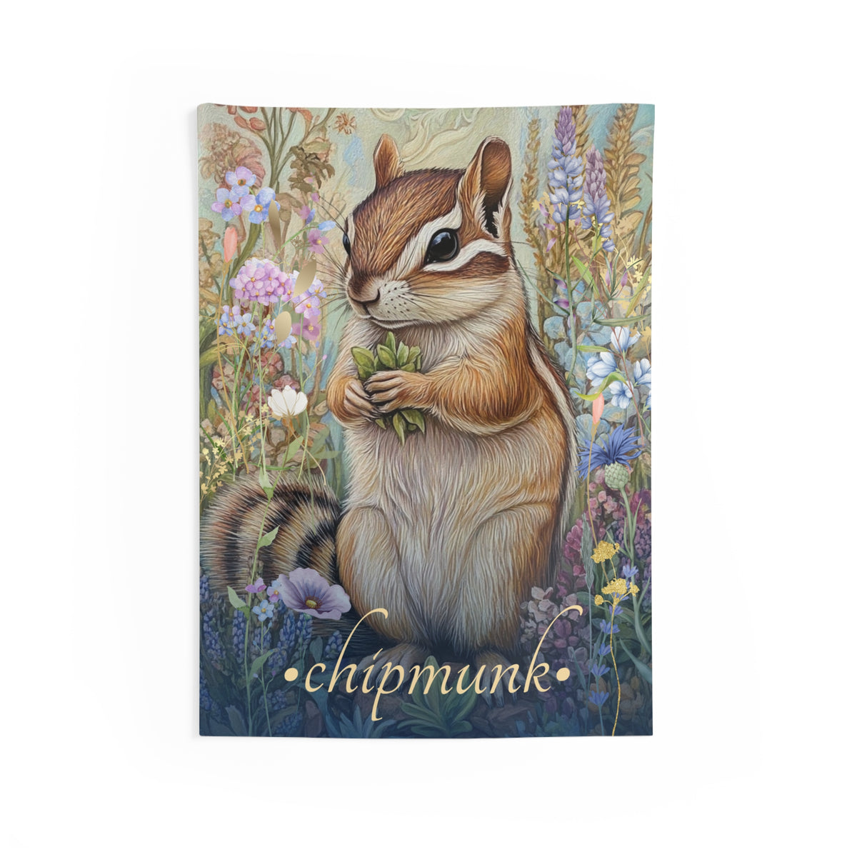 A wall tapestry featuring a detailed illustration of a chipmunk surrounded by floral meadow blooms.