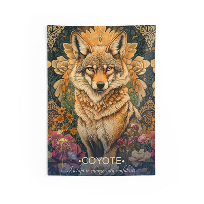 A wall tapestry featuring a detailed and colorful illustration of a coyote with a backdrop of floral motifs, in earthy tones.