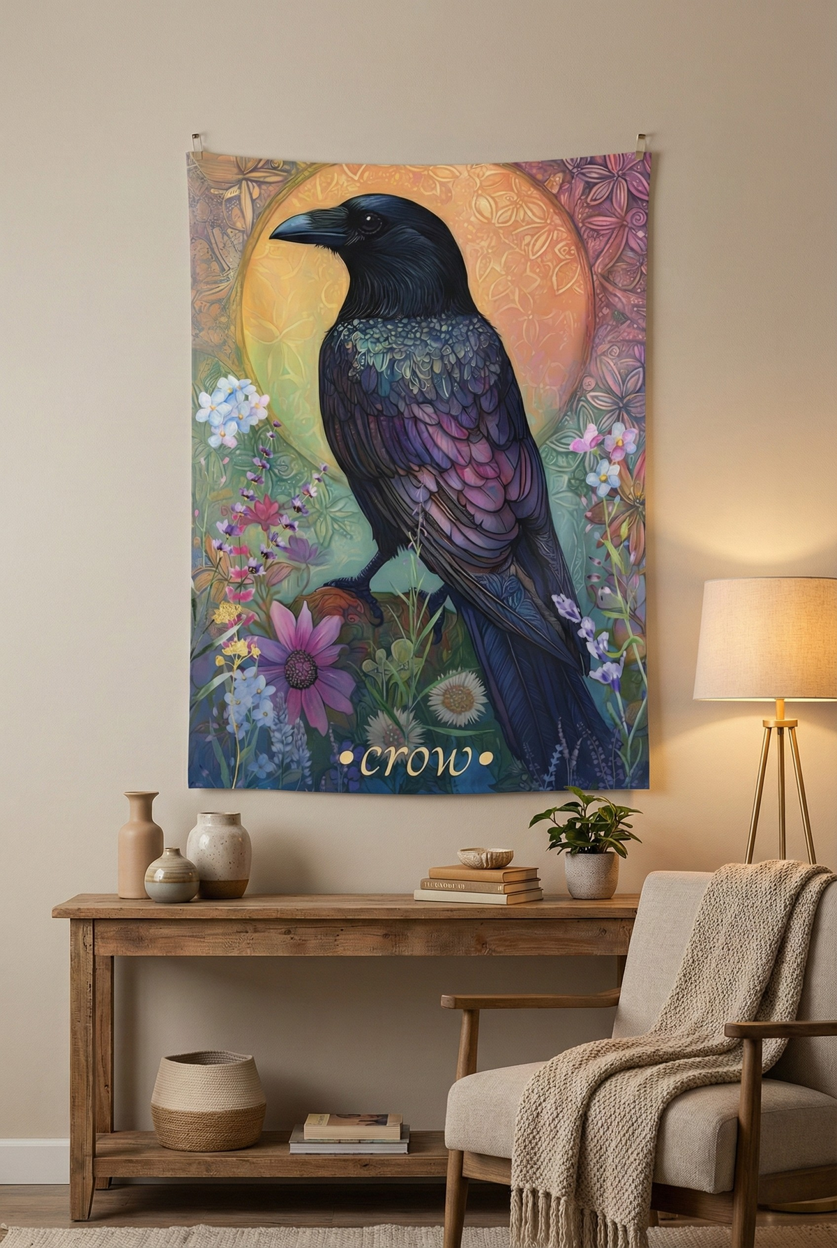Crow Wall Art Tapestry featuring mystical gothic decor with indigo feathers and floral mandalas, perfect for unique spaces.