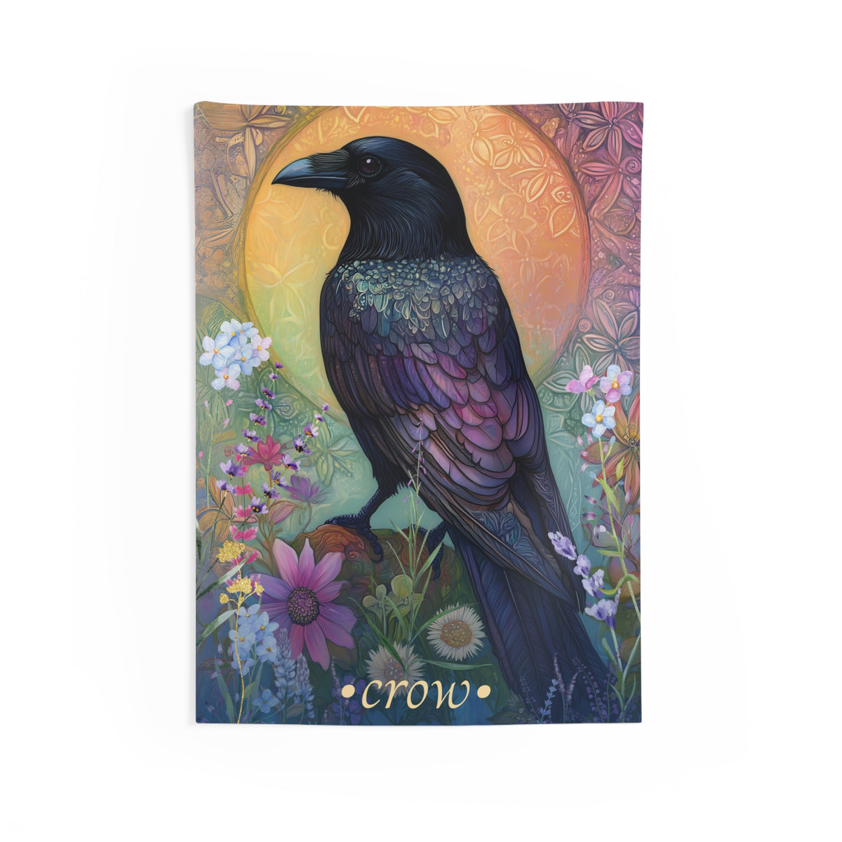 A wall tapestry featuring a stylized crow with vibrant colors, set against a floral and mandala-patterned background with a golden sun motif.