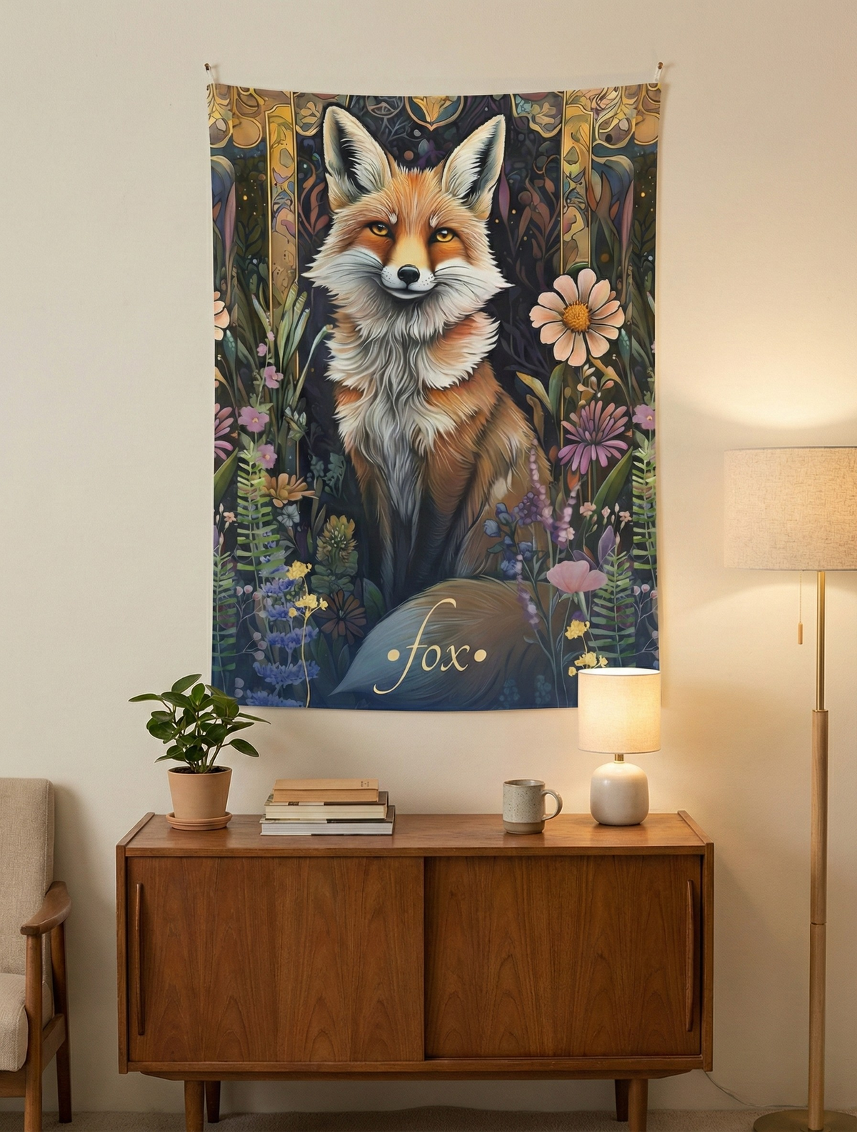 Bohemian Fox Wall Tapestry showcasing a vibrant nature-inspired design with a playful fox amidst lush forest flora, perfect for enhancing any home décor.