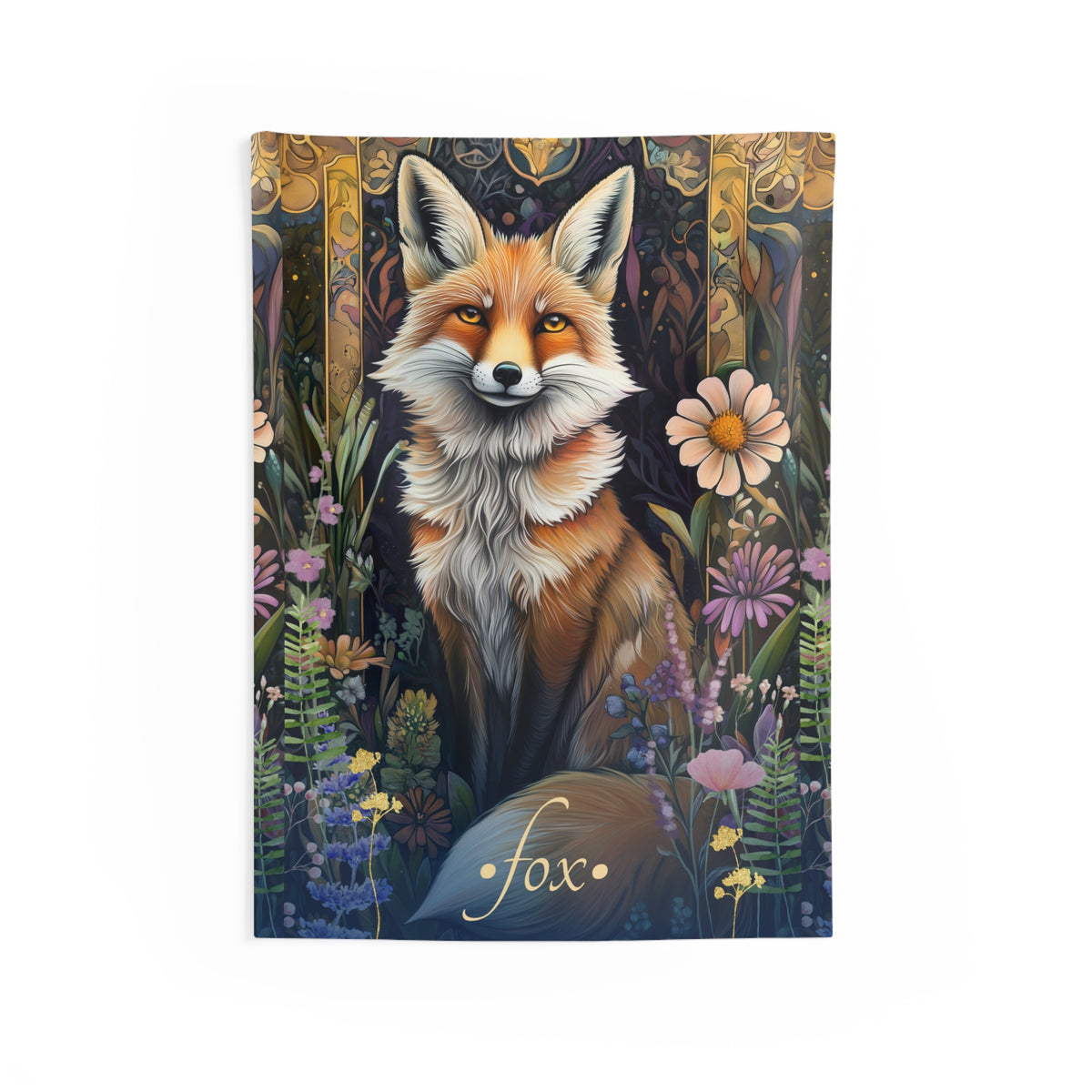 A wall tapestry featuring a stylized fox with a floral background, decorative border, and the word 'fox' displayed at the bottom.