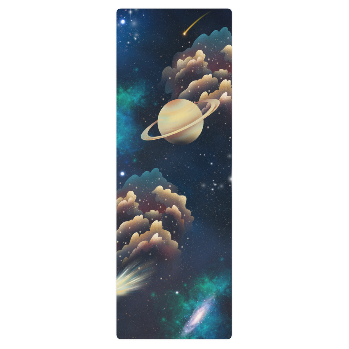 Galaxy yoga mat featuring a dreamy outer space scene with planets, stars, and clouds in deep blue and teal tones.