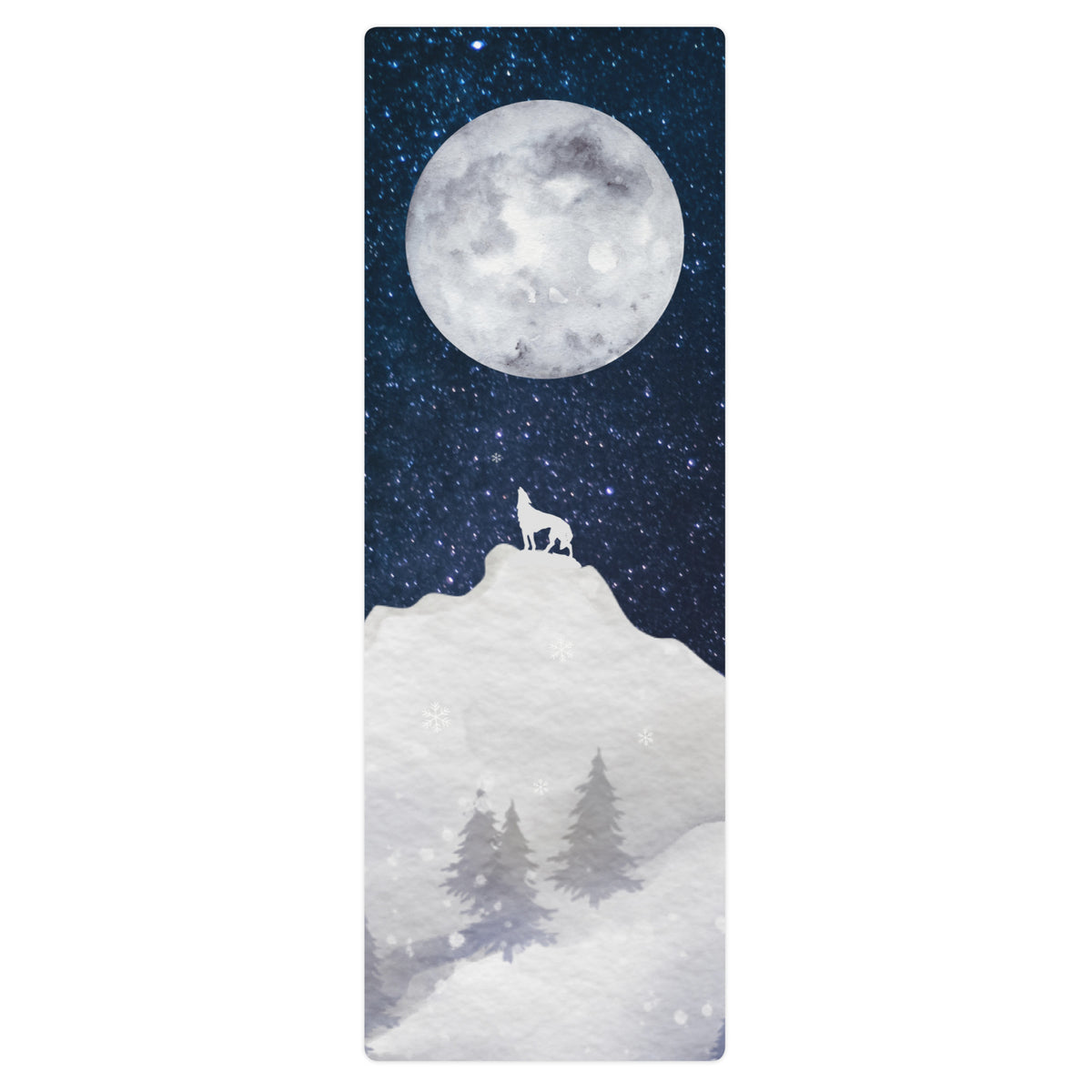 Howling moon yoga mat featuring a wolf silhouette on a snowy hill beneath a full moon in a starry night sky.