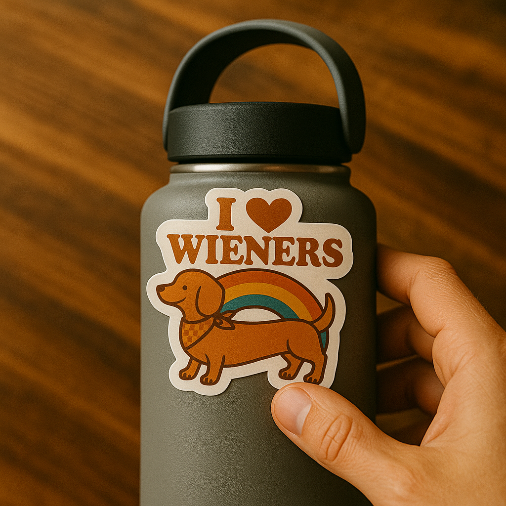 Person holding a water bottle with a 'I ❤️ WIENERS' sticker on a wooden surface