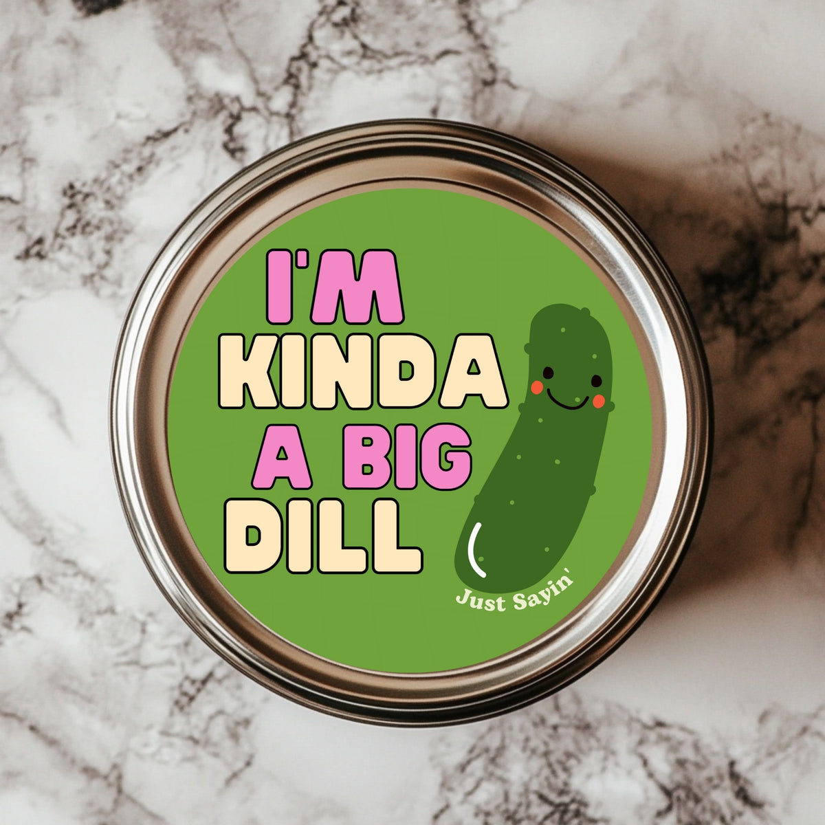 A round sticker with a green background featuring a cartoon pickle character and the text 'I'M KINDA A BIG DILL'.