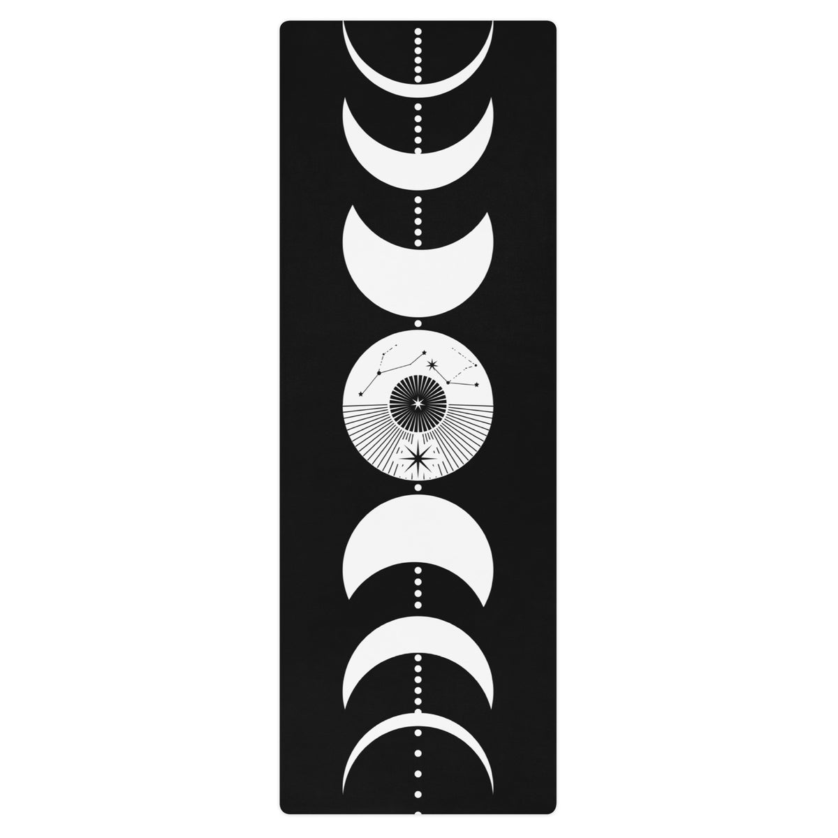 Moon cycles yoga mat featuring a minimalist black and white design with crescent moon phases arranged vertically.