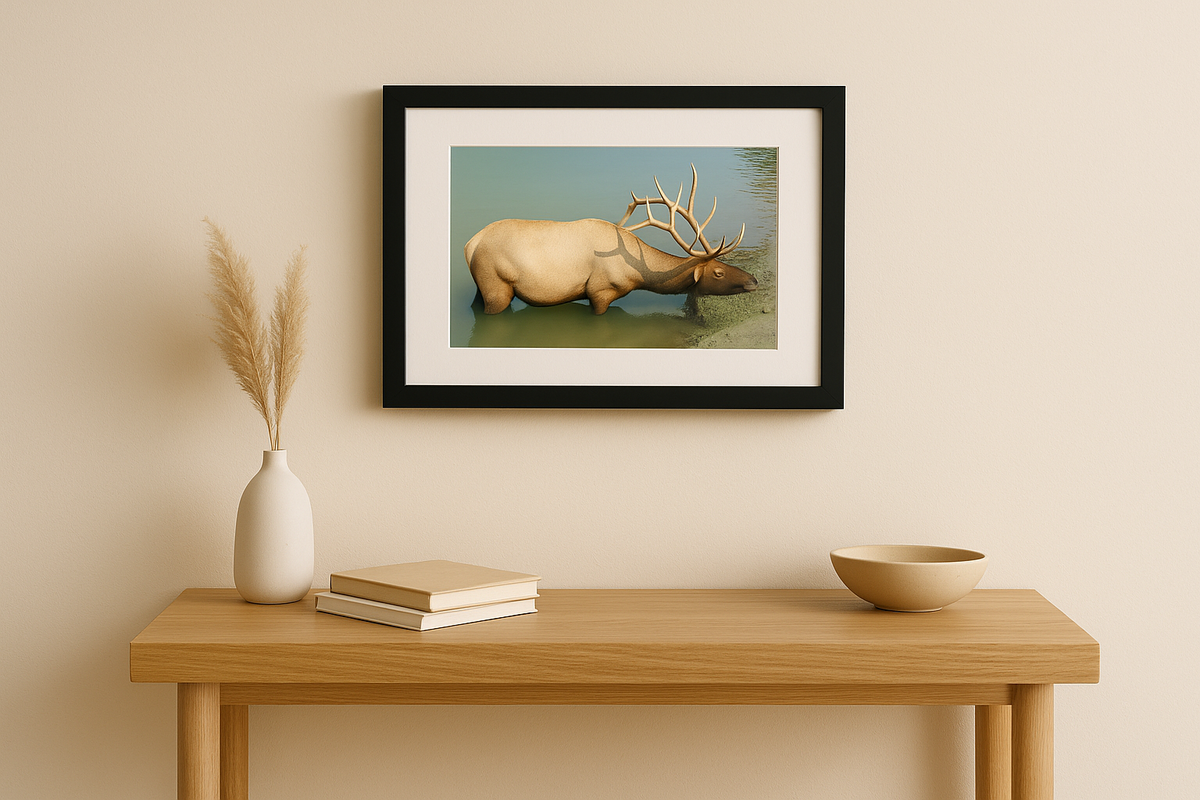 Elk Nap in Jasper, B.C. Framed Art Print featuring fine art nature photography of an elk resting in a serene mountain stream, perfect for enhancing your space with tranquil wildlife beauty.