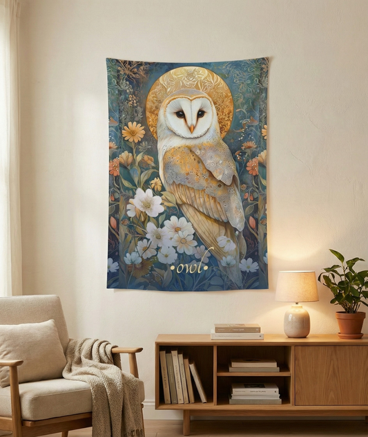Celestial Owl Wall Tapestry by Printify showcasing a radiant barn owl surrounded by wildflowers and a sun halo, perfect for animal tapestry, bedroom wall decor, and cozy home accents, ideal for modern tapestry art enthusiasts looking for nature wall hanging options.