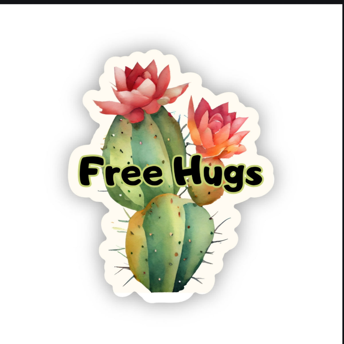 Vibrant Free Hugs Cactus Sticker showcasing an adorable cactus surrounded by blooming flowers, perfect for personalizing laptops and bottles with a touch of humor.
