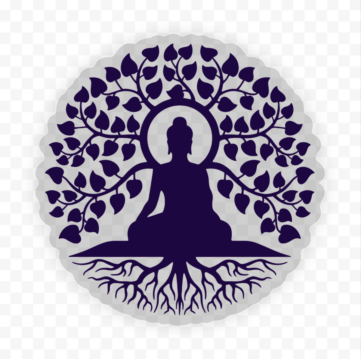 Vibrant Buddha Tree of Life Sticker on a personal item, capturing serene design in deep purple hues, ideal for yoga enthusiasts and nature lovers.