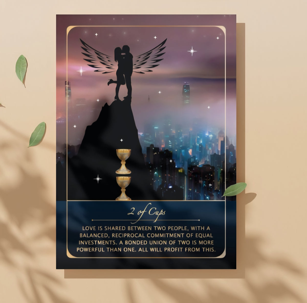 Card with silhouette of a couple and angel wings against a cityscape background