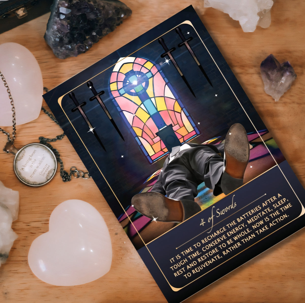 Card with a colorful design and text on a wooden surface with crystals and a necklace.