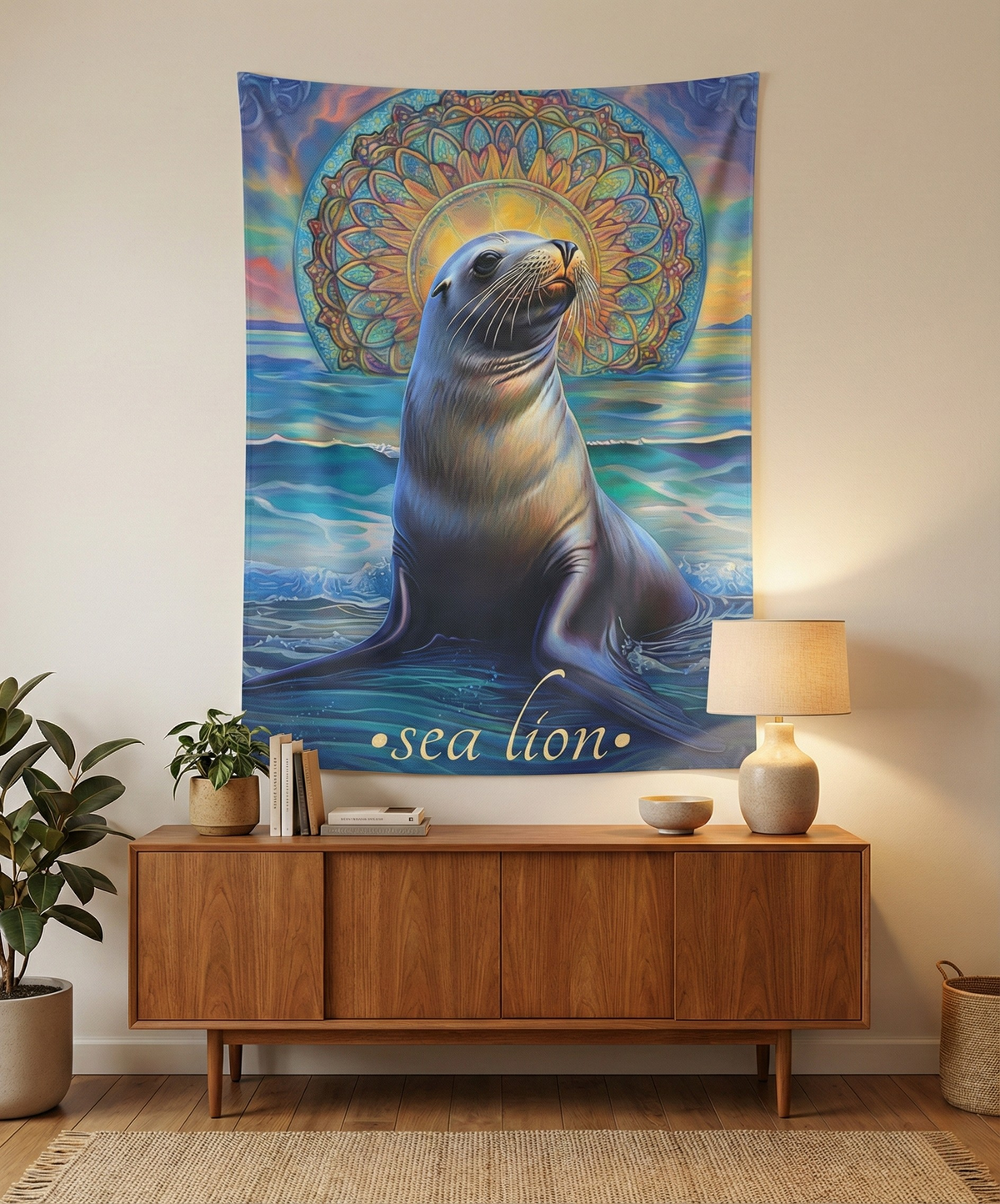Radiant Sea Lion Wall Tapestry featuring a majestic sea lion surrounded by vibrant ocean waves and a mesmerizing mandala, perfect for Boho coastal décor.
