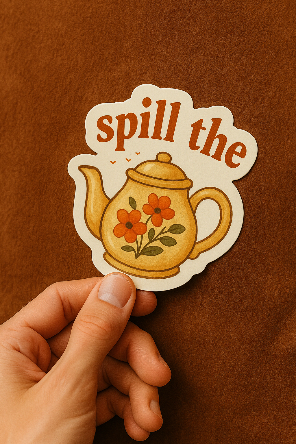 Sticker with a teapot design and 'spill the' text held by a hand against a brown background