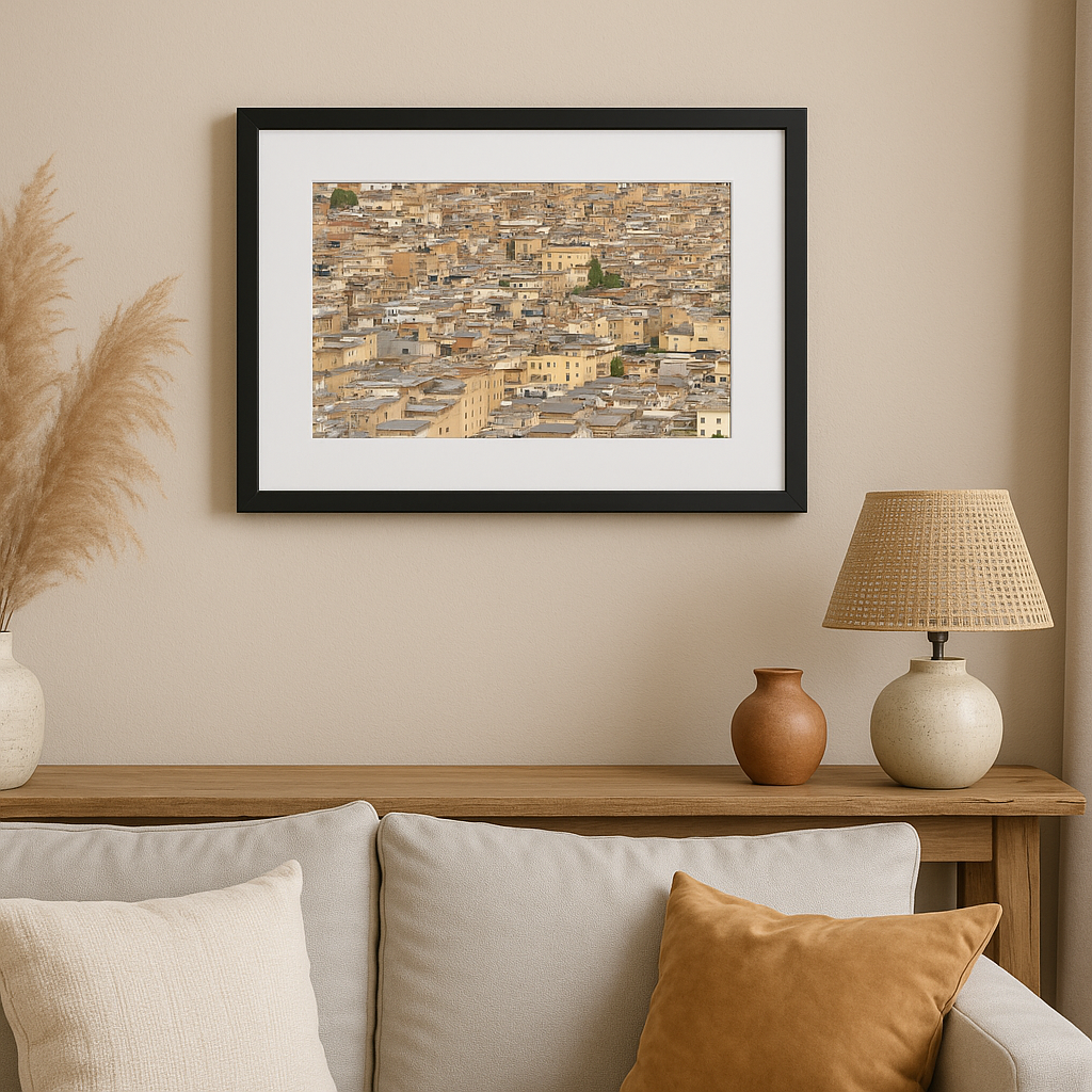 Framed artwork above a wooden console table with decorative items in a living room.