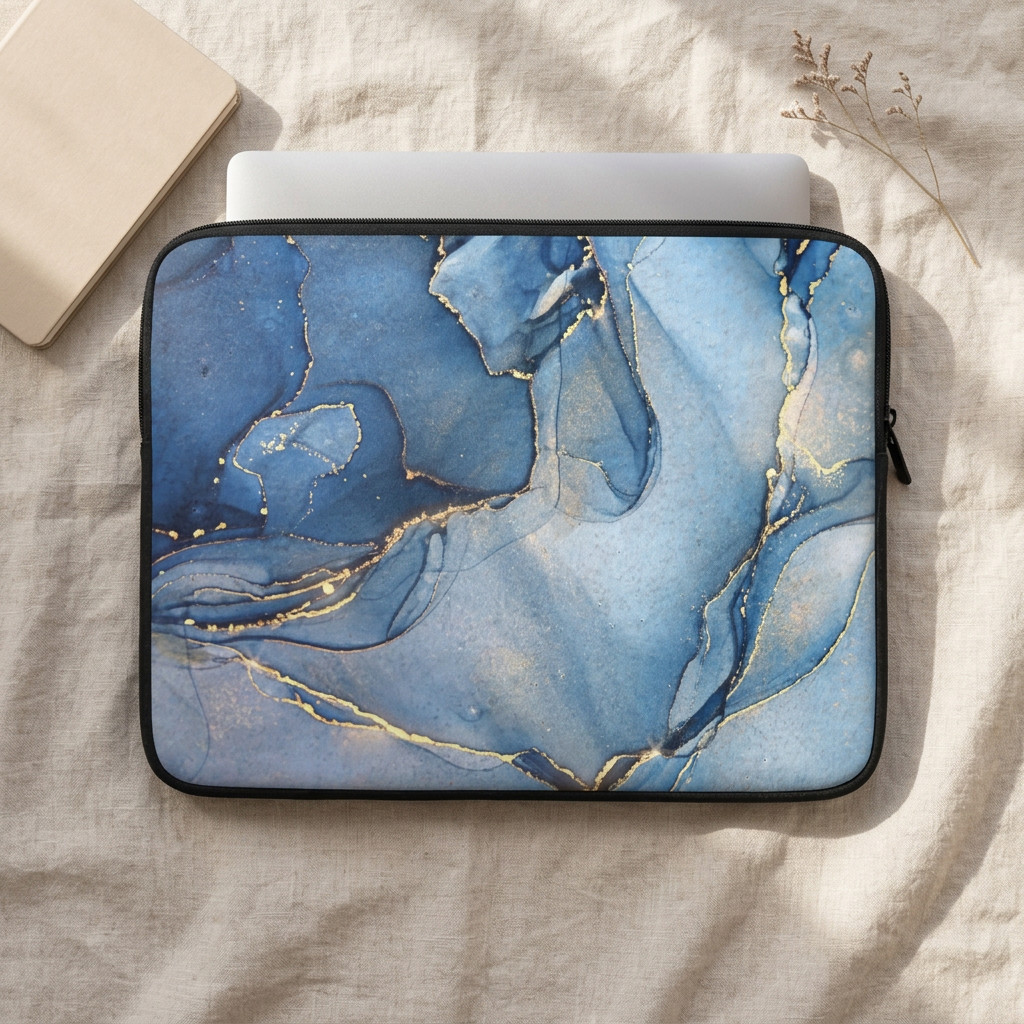 Agate laptop sleeve in a linen flat lay