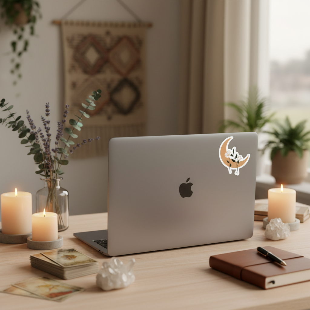 Enchanting Floral Moon Sticker Laptop Mockup - True Scale