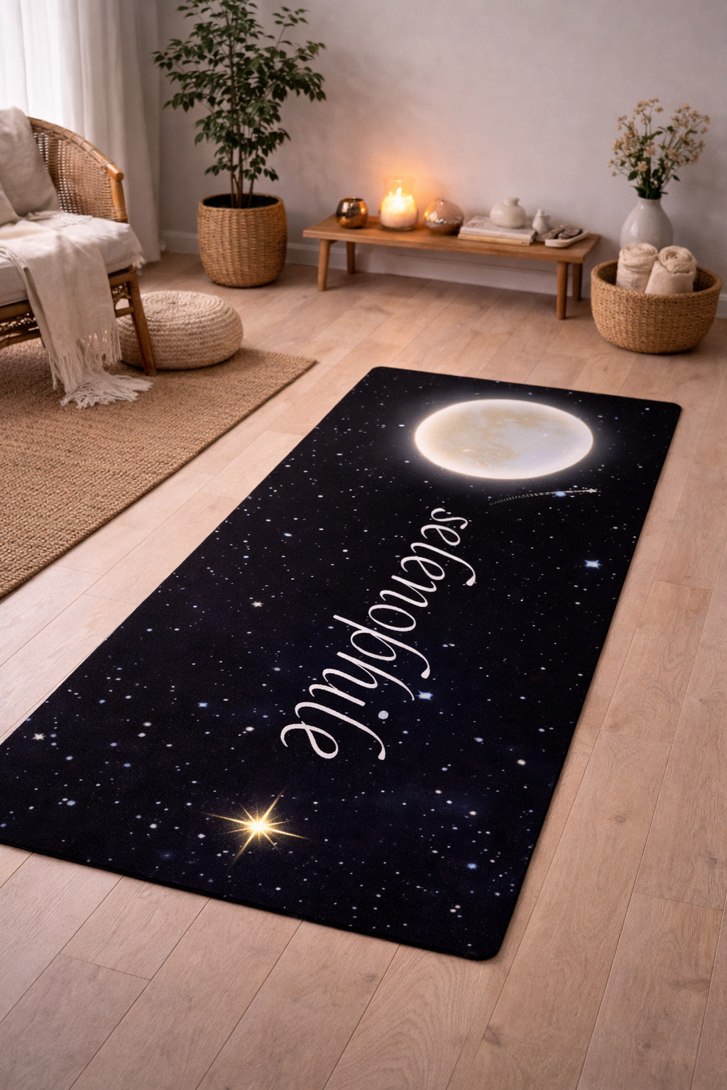 Selenophile Yoga Mat 24" x 68" featuring a soft microsuede top and anti-slip rubber base for ultimate stability during yoga, stretching, or meditation.