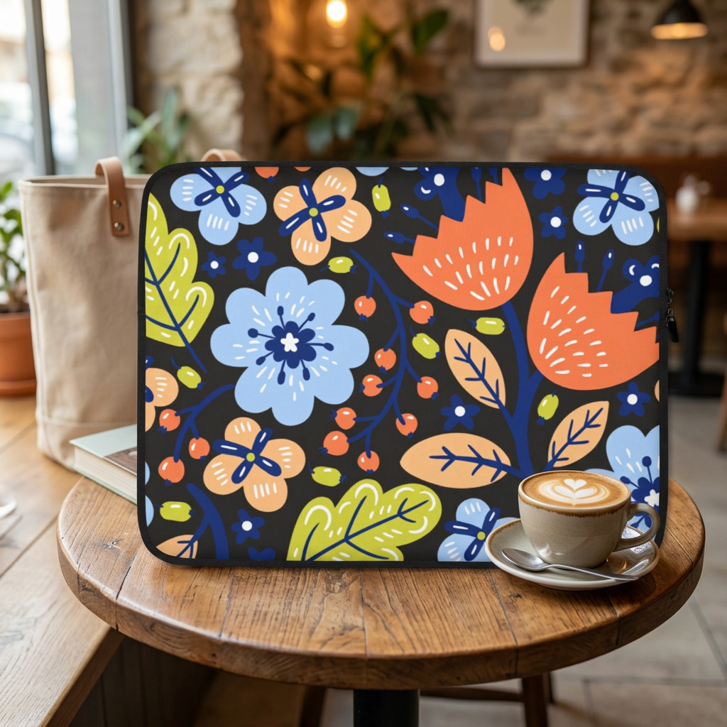 Folk Art Laptop Sleeve on a café table