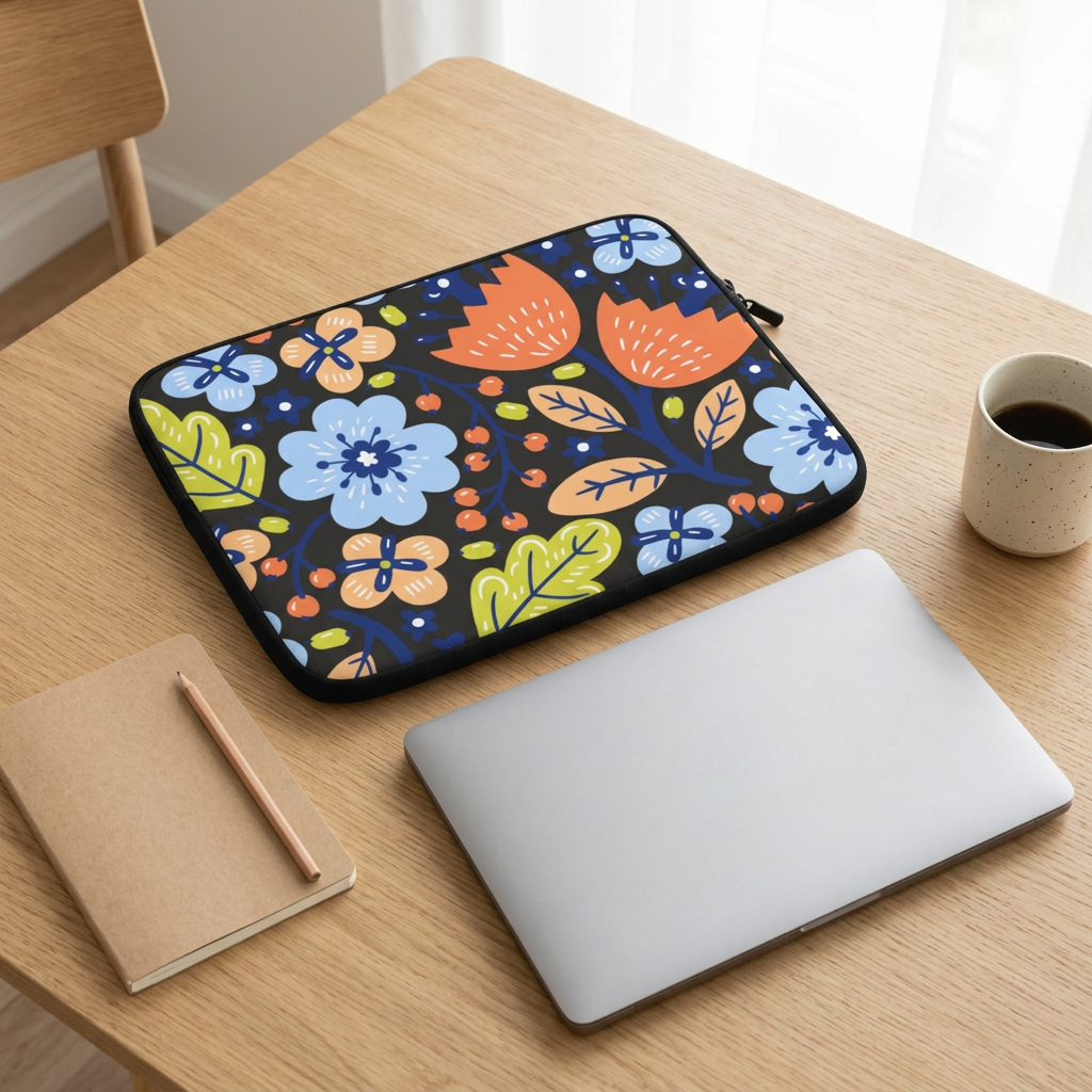 Folk Art Laptop Sleeve on an artist’s desk