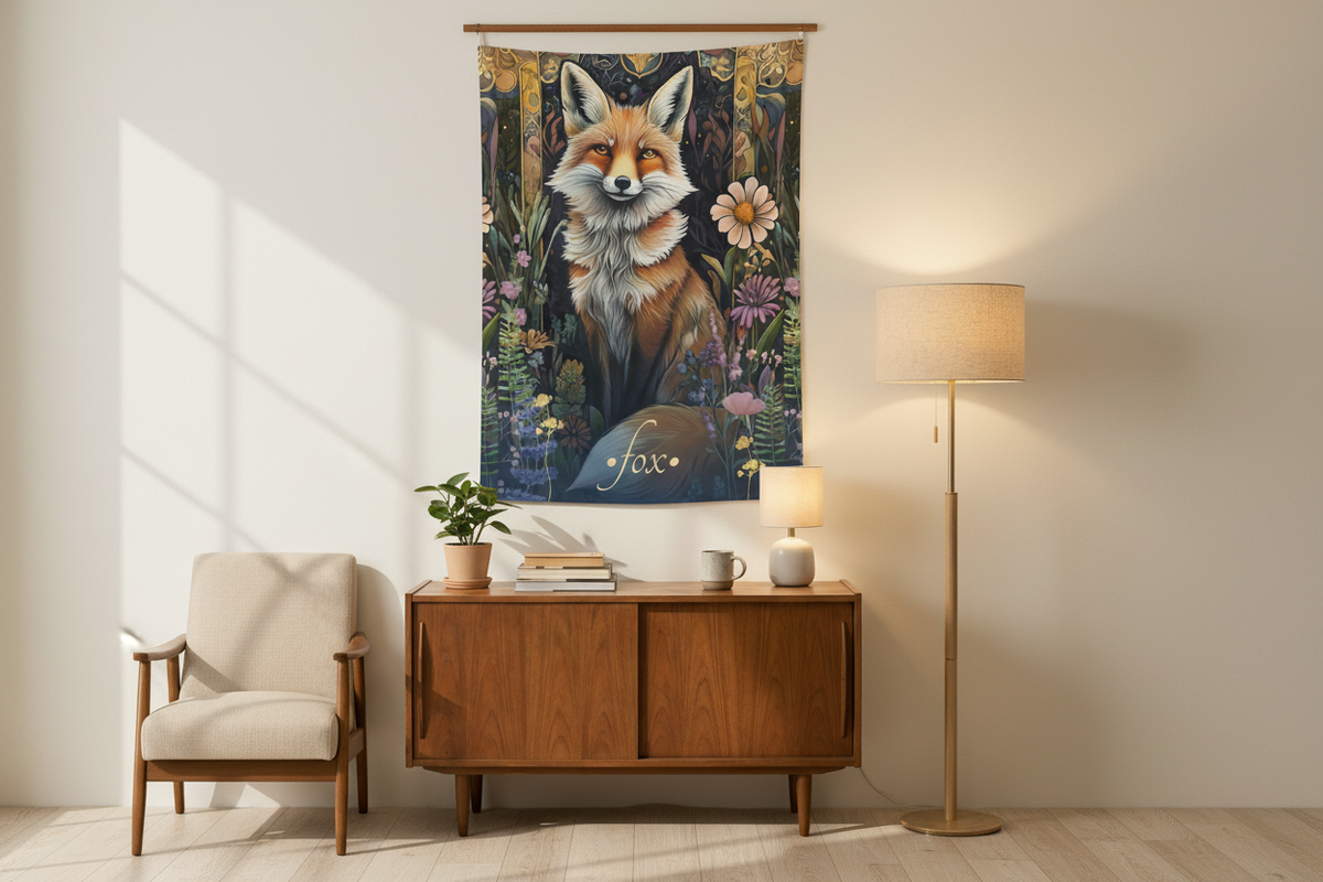 Fox Tapestry in Modern Minimalist Living Room