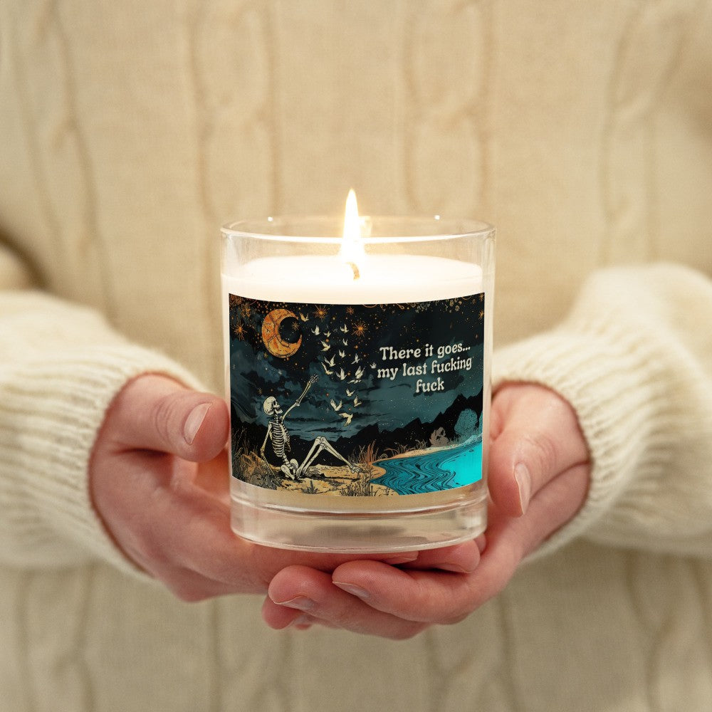 Top view of My Last Flying Fuck Glass jar soy wax candle showcasing the cotton wick and soy wax.