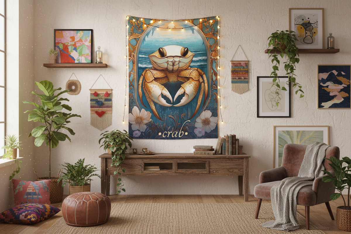 Golden Crab Tapestry in Bohemian Studio