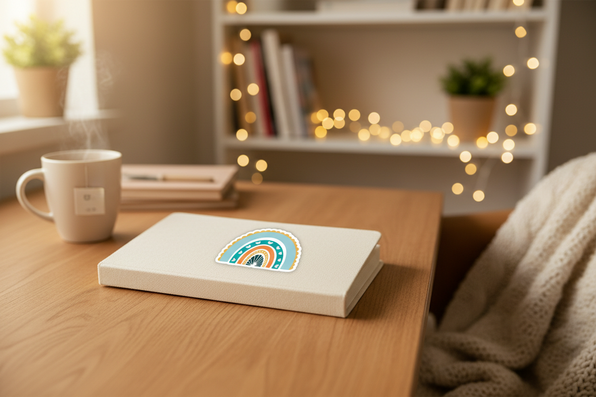 Happy Rainbow sticker on journal