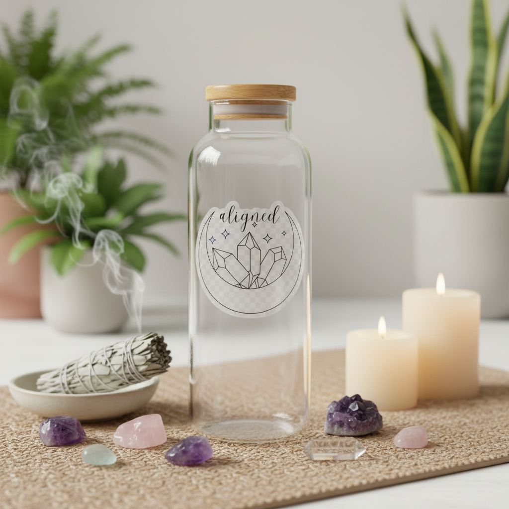 I Am Aligned Sticker on Glass Bottle