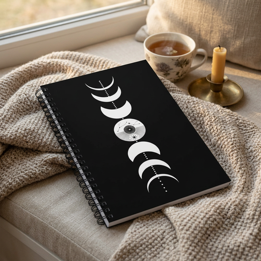Moon phase dotted notebook in a cozy window-seat setting