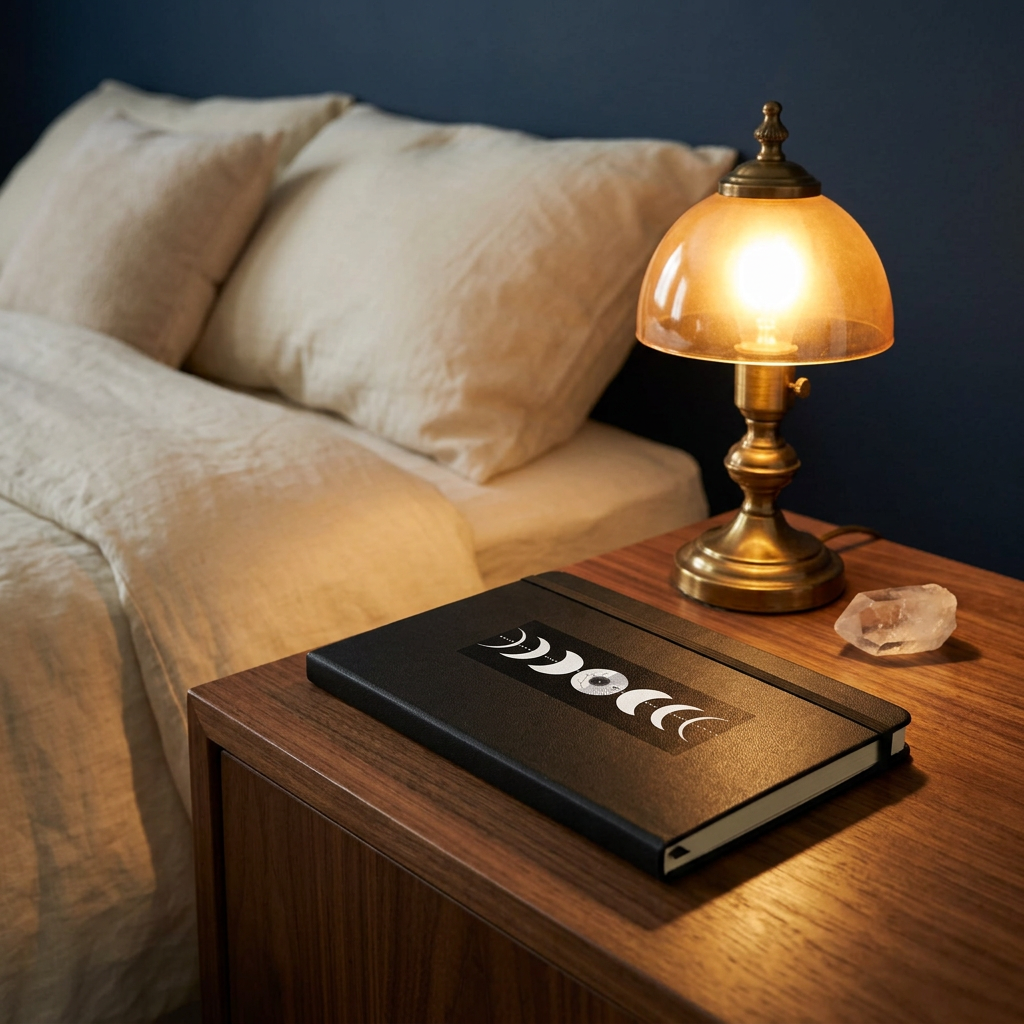 Moon phase notebook in a celestial bedside setting