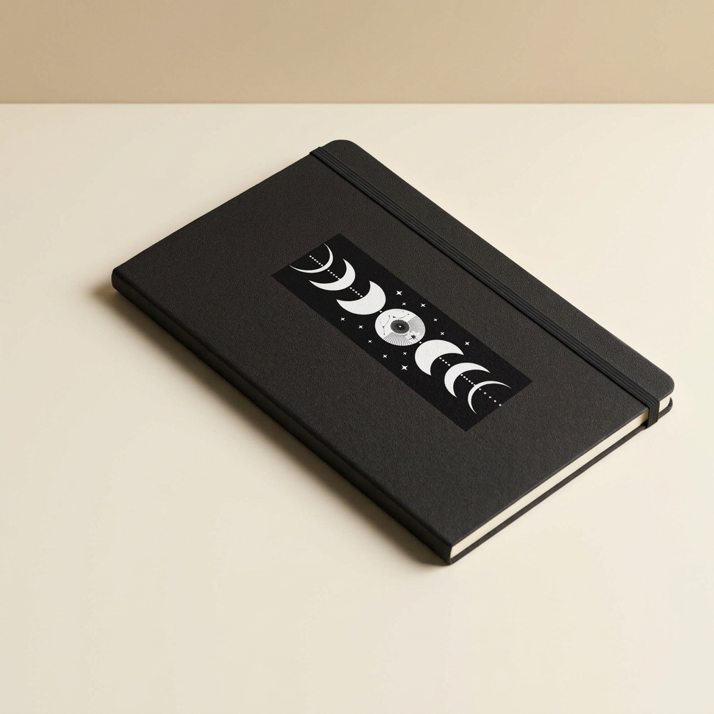 Moon phase notebook in a clean ivory studio setting