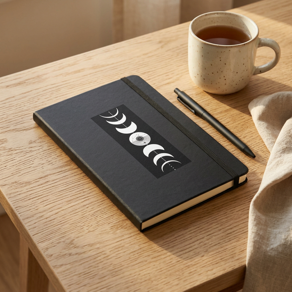 Moon phase notebook on a cozy writing desk