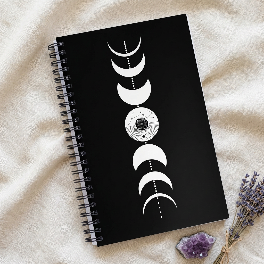 Moon Phase notebook with lavender and amethyst on cream linen
