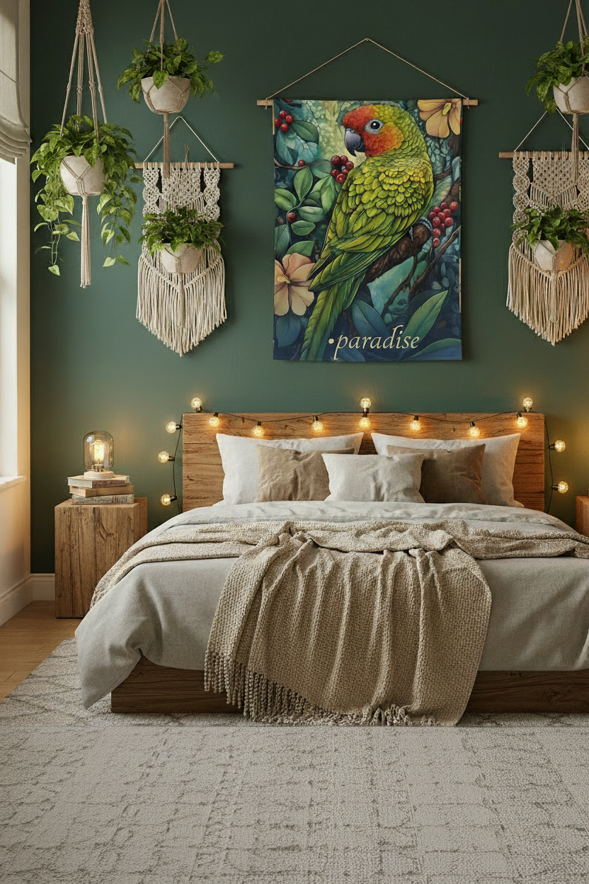 Parrot Tapestry Bedroom Mockup 2