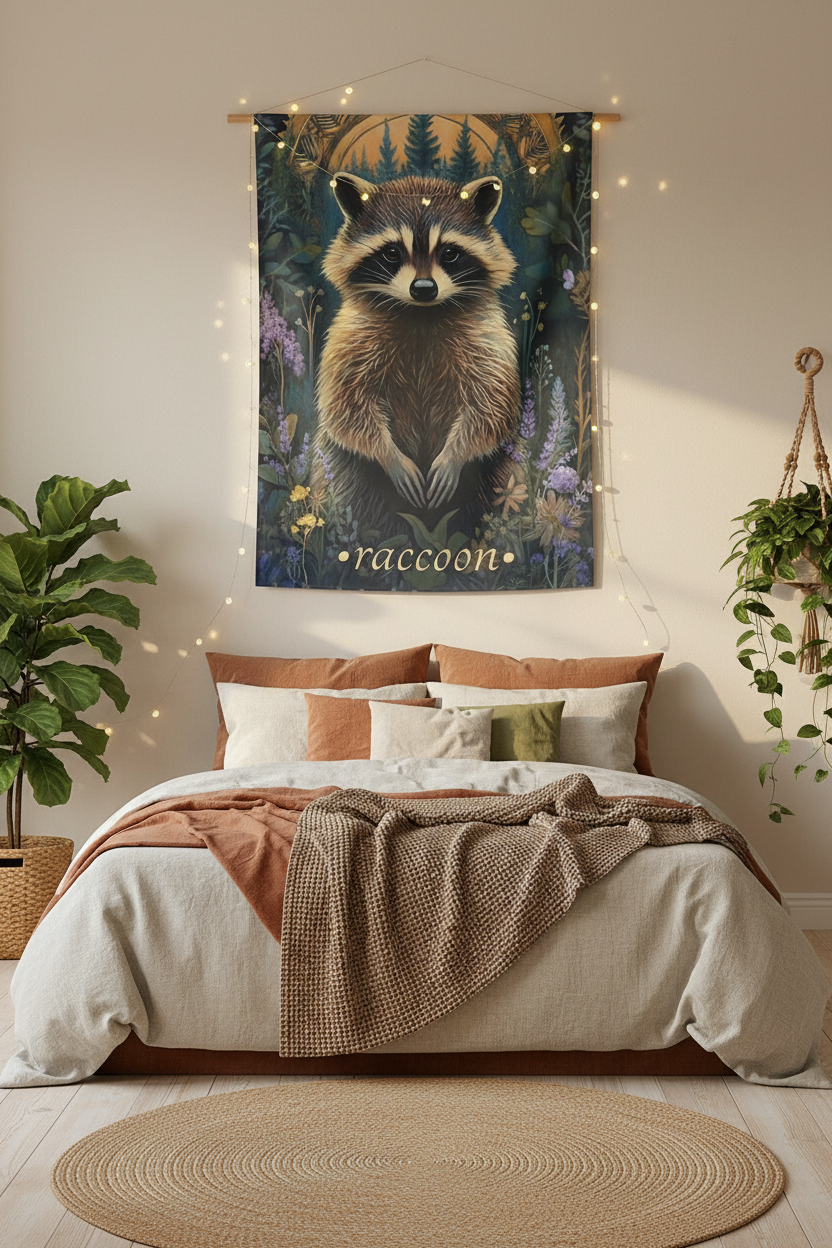Raccoon Tapestry Bedroom Mockup 2